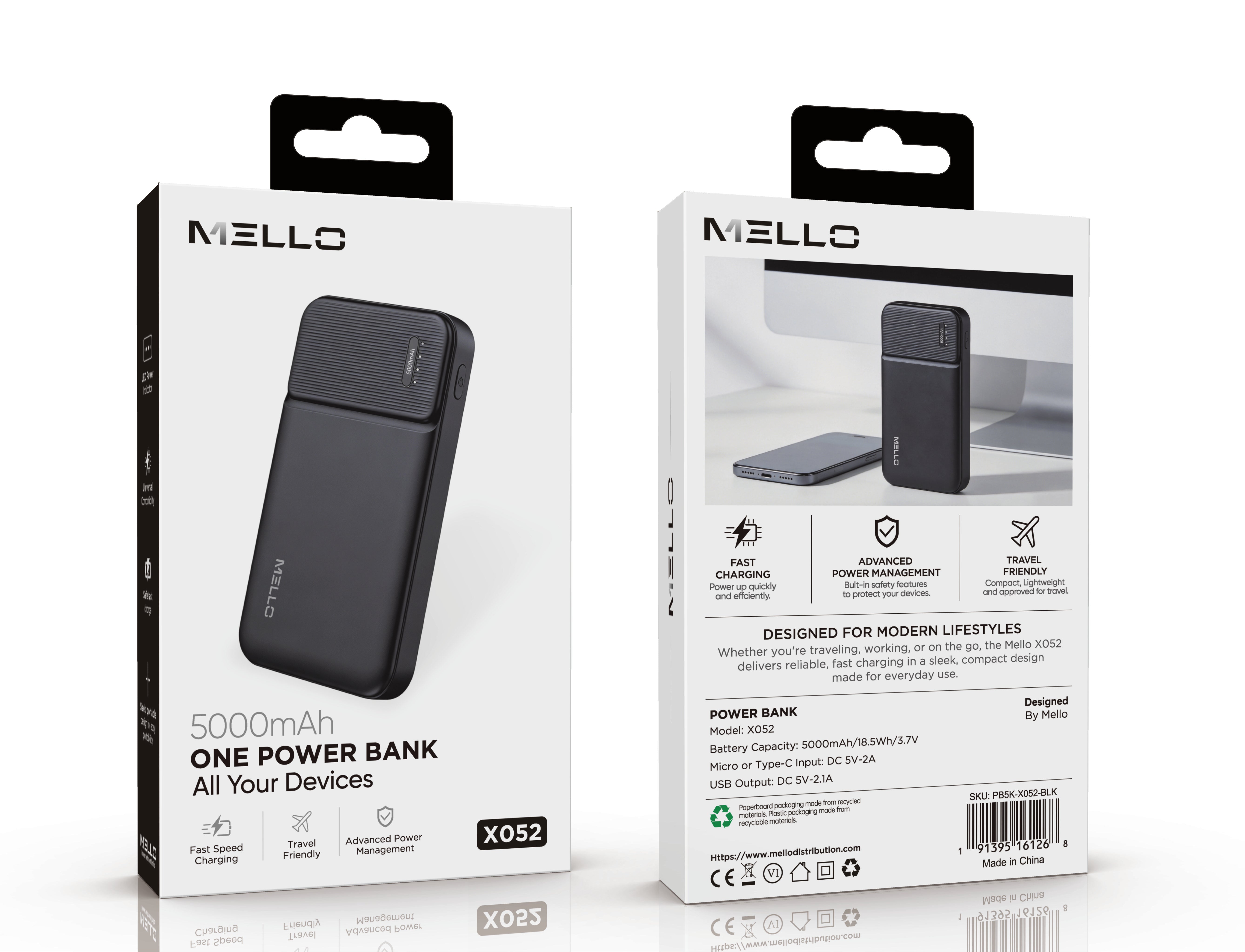 MELLO X052 POWER BANK 3IN1 USB PORT 5000 MAH BLACK