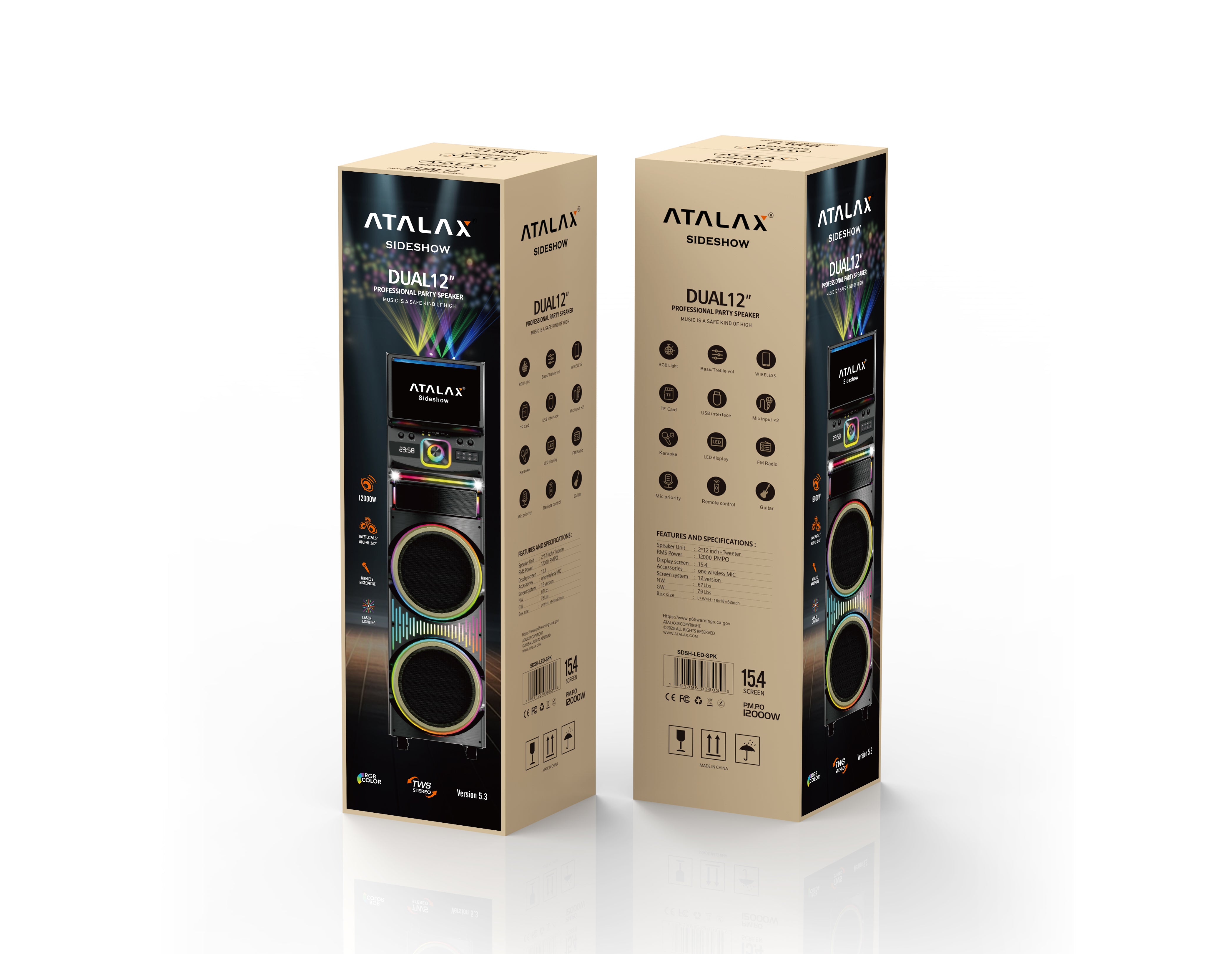 ATALAX SIDESHOW 2 X 12" INCH 12000 WATTS WITH 15.4" WIFI TOUCH SCREEN WITH LASER LIGHTS