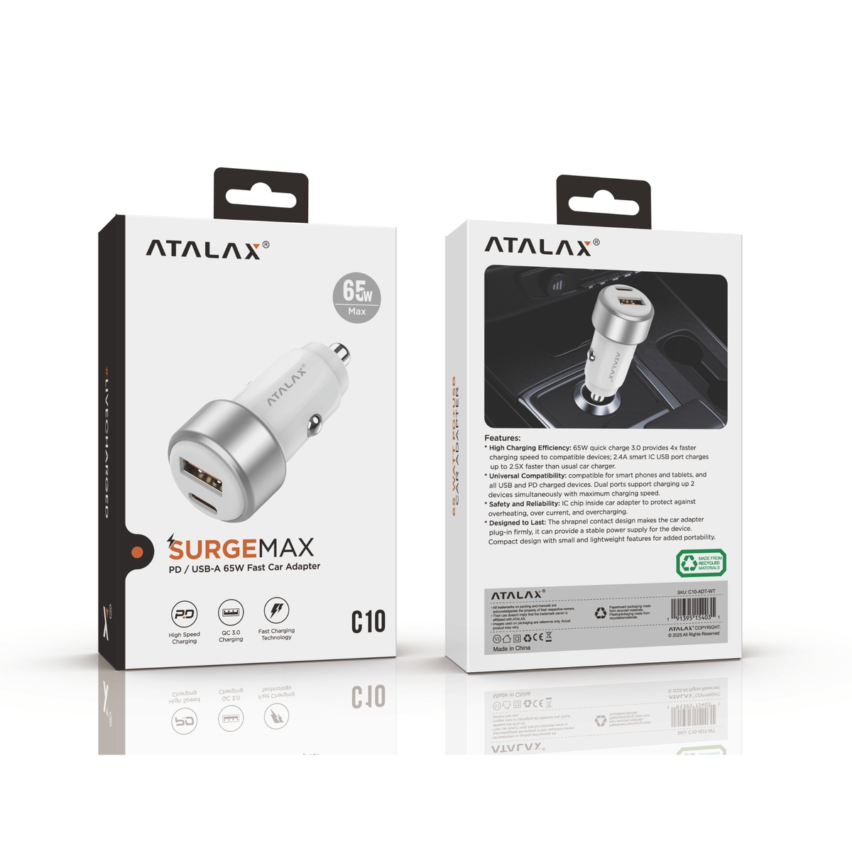 ATALAX SURGEMAX C10 65W PD/USB CAR ADAPTER WHITE