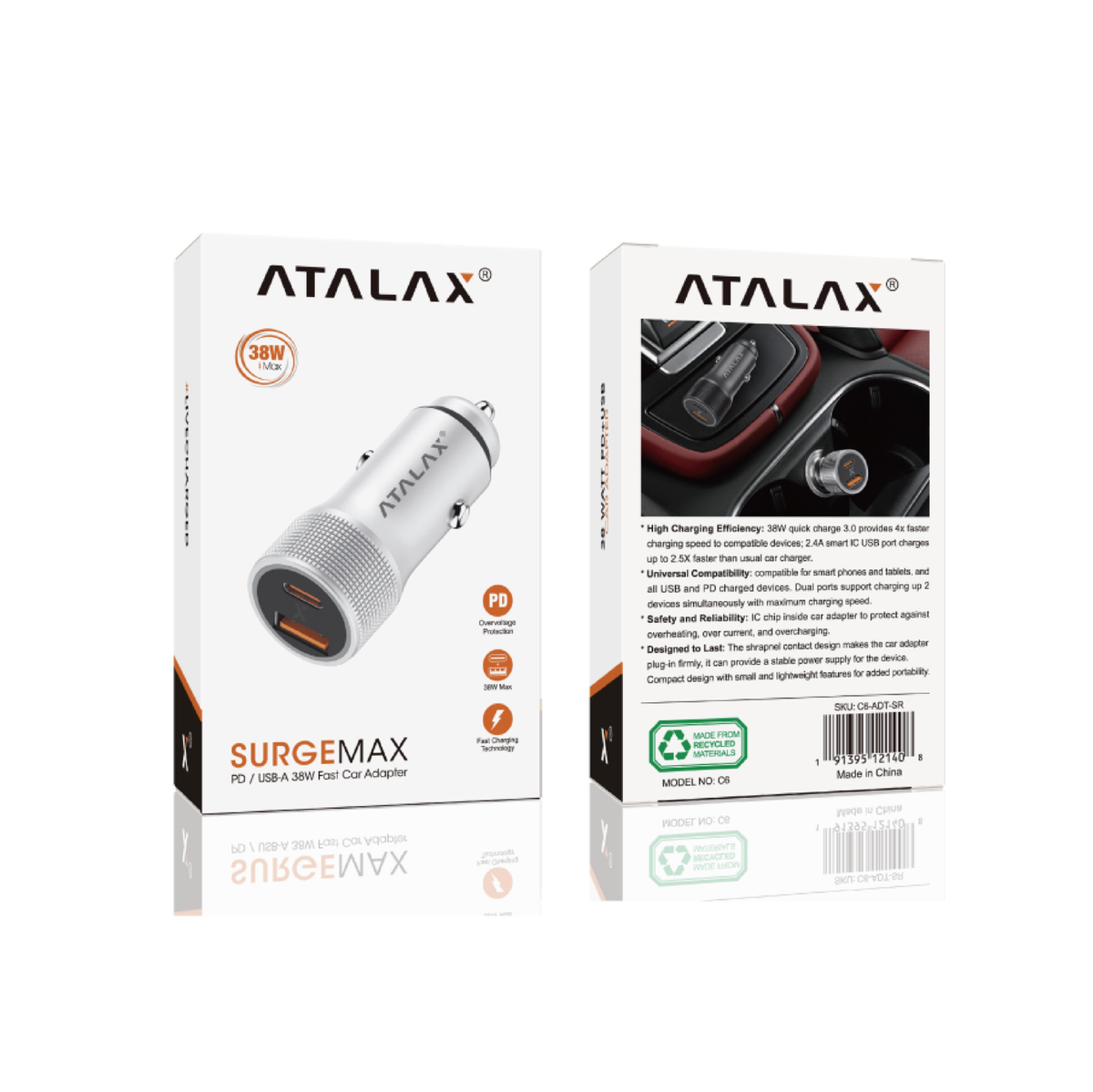 ATALAX SURGEMAX C6 38W DUAL PD/USD CAR ADAPTER WHITE