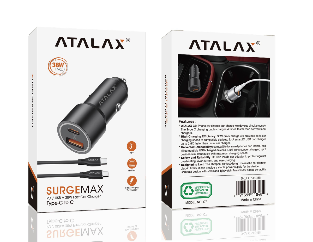 ATALAX SURGEMAX C7 38W DUAL PD/USB FAST CAR CHARGER WITH TYPE-C CABLE