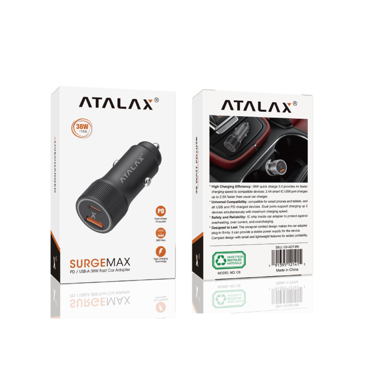 ATALAX SURGEMAX C6 38W DUAL PD/USD CAR ADAPTER BLACK