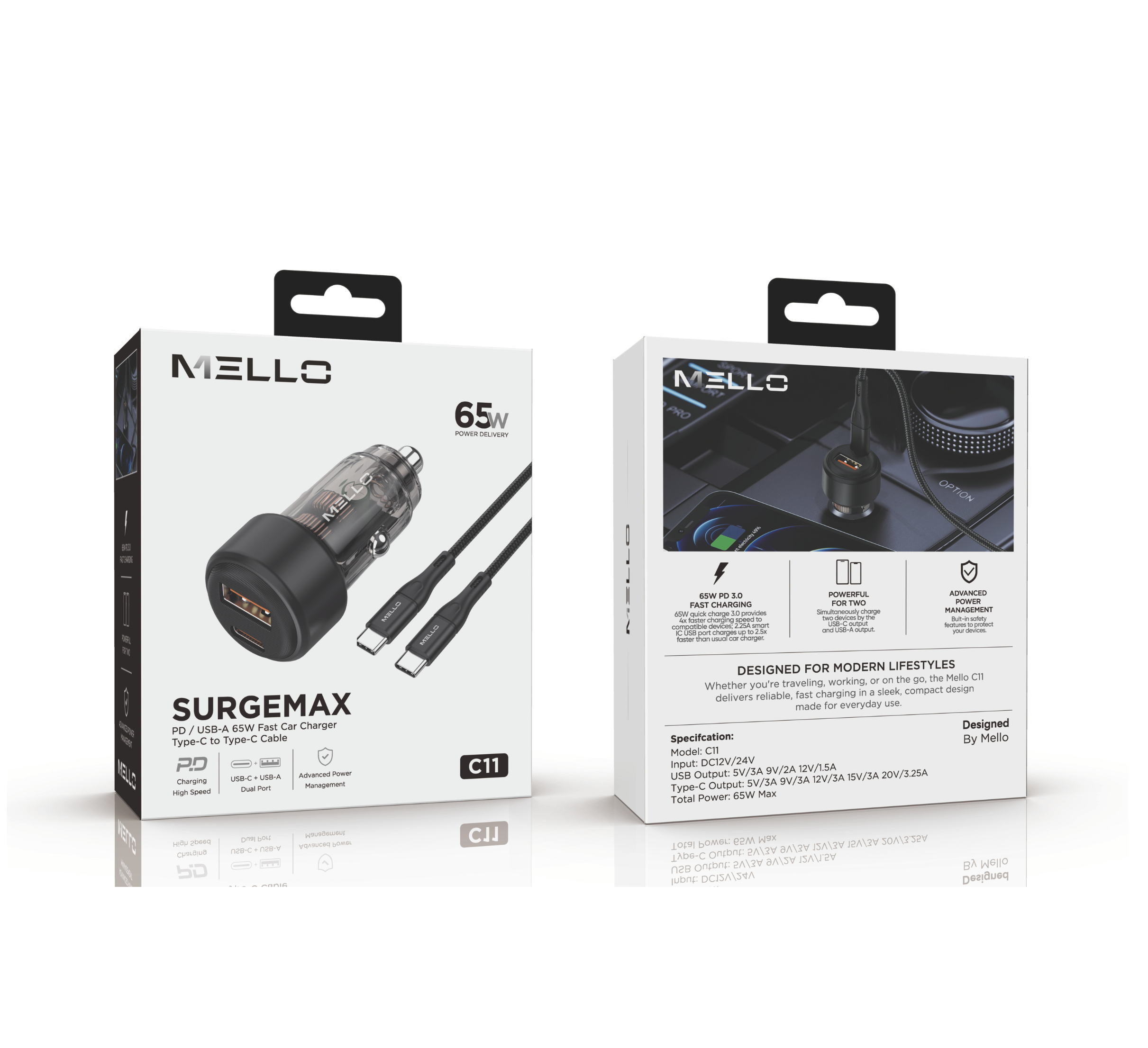 MELLO C11 SURGEMAX 65W CAR CHARGER TYPE C TO TYPE C BLACK