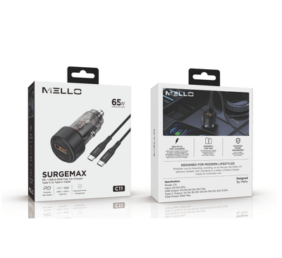 MELLO C11 SURGEMAX 65W CAR CHARGER TYPE C TO TYPE C BLACK