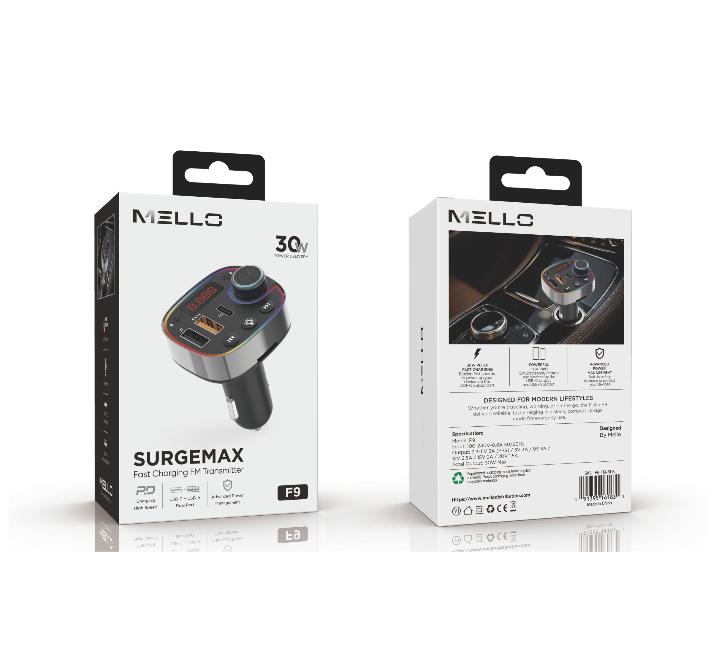 MELLO SURGEMAX F9 DUAL USB/PD FM TRANSMITTER BLACK