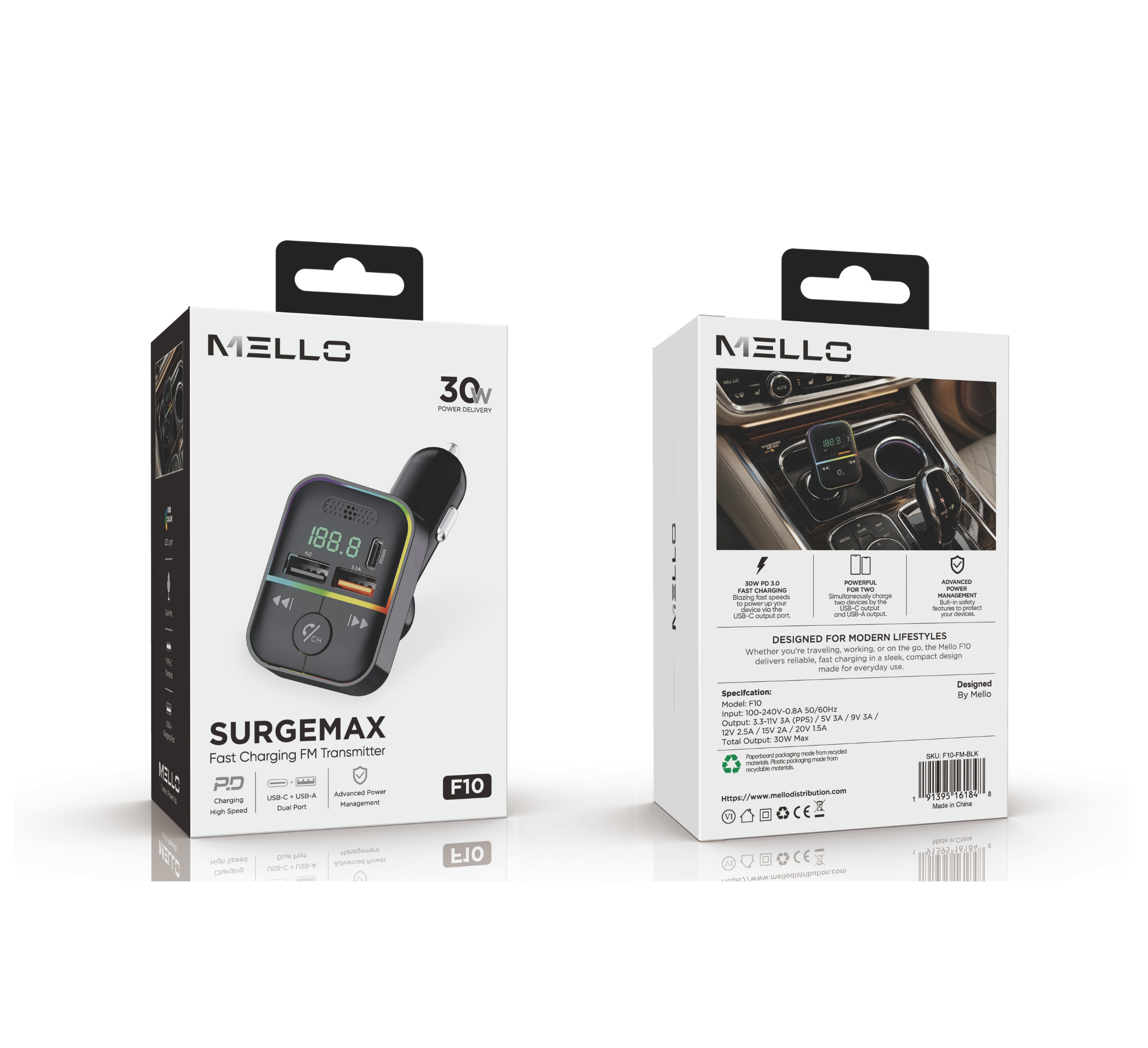 MELLO SURGEMAX F10 DUAL USB/PD FM TRANSMITTER BLACK