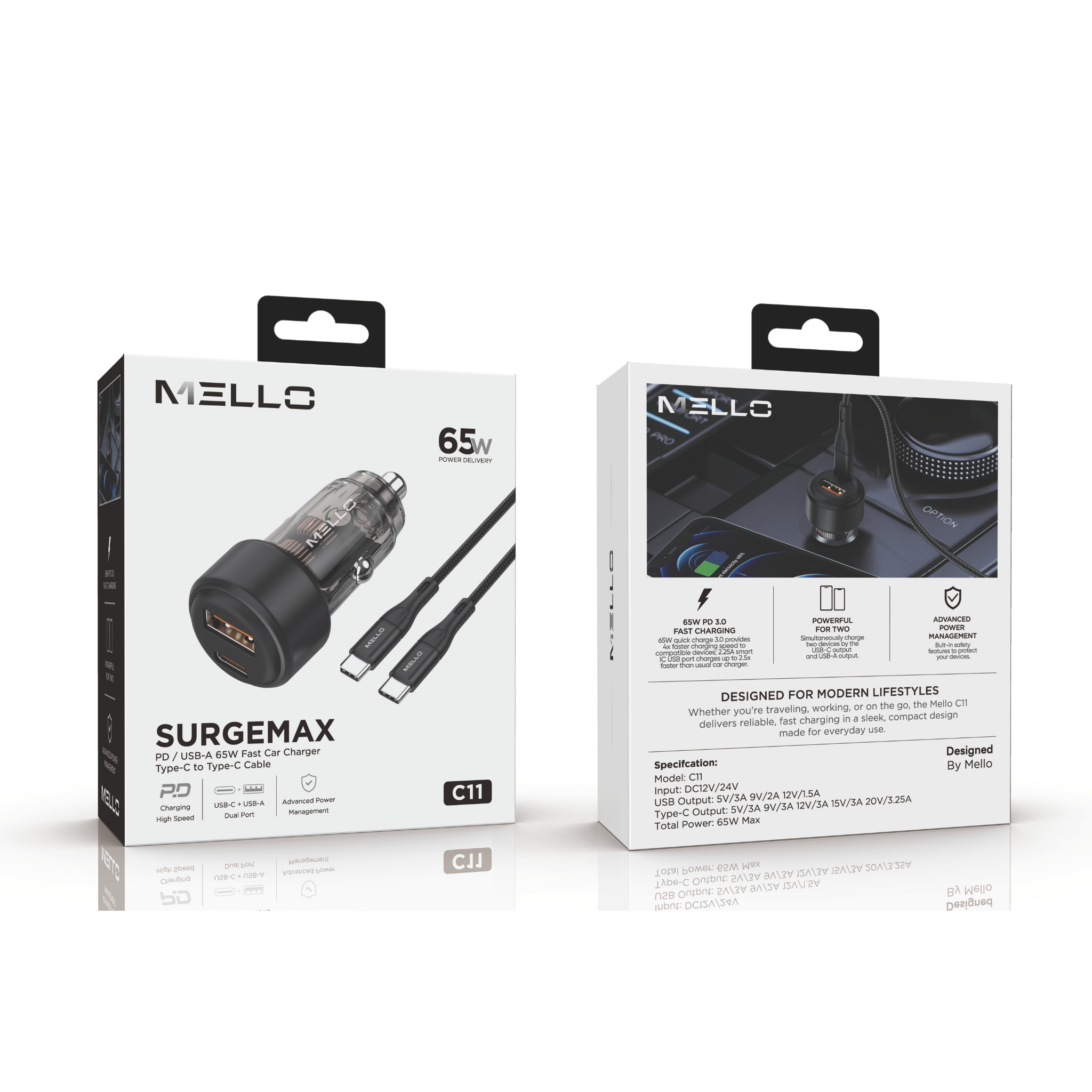 MELLO C11 SURGEMAX 65W CAR CHARGER TYPE C TO TYPE C BLACK