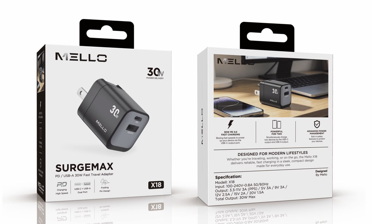 MELLO X18 SURGEMAX 30 WATTS DUAL USB-C AND USB-A ADAPTER
