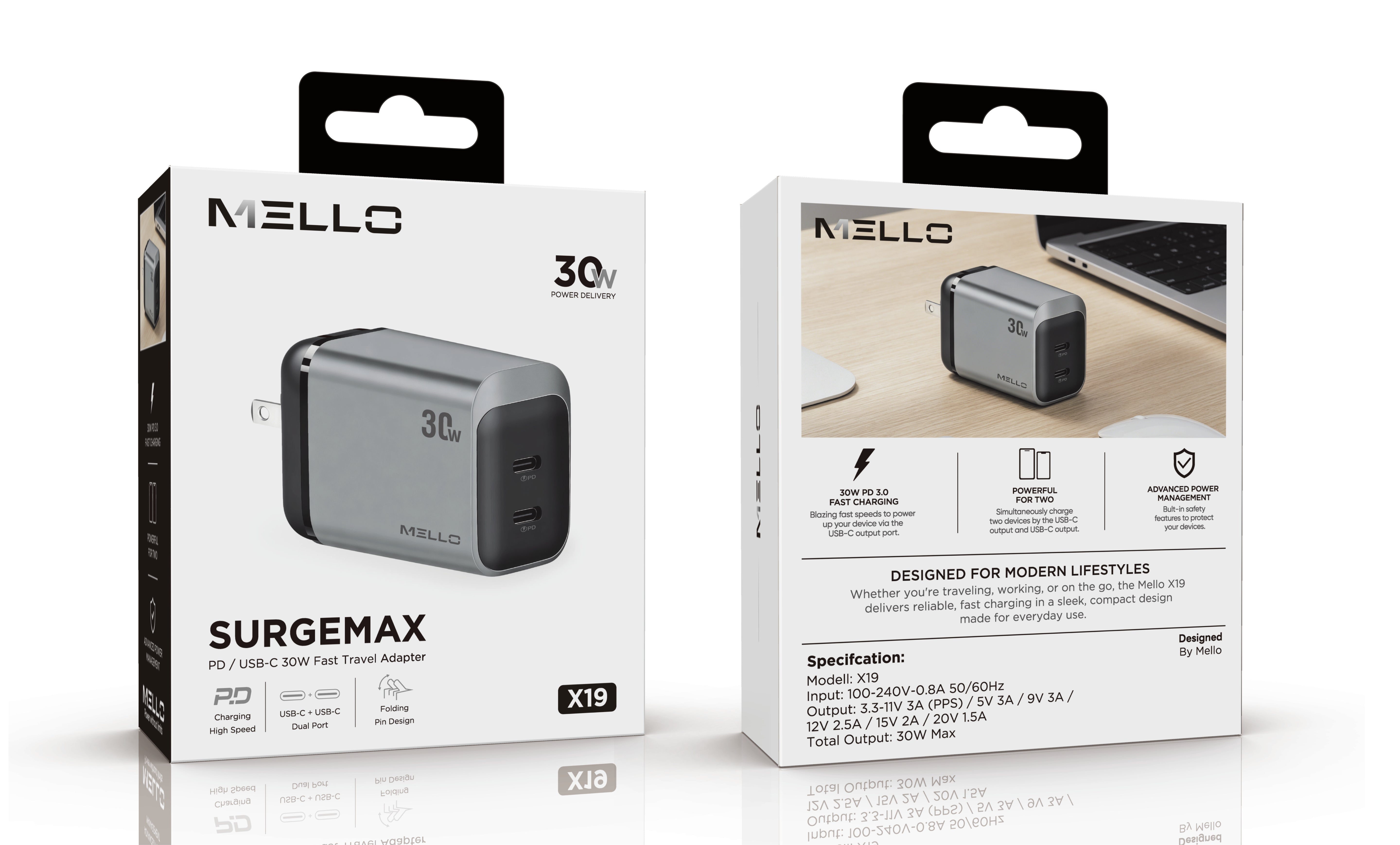 MELLO X19 SURGEMAX 30 WATTS DUAL USB-C ADAPTER