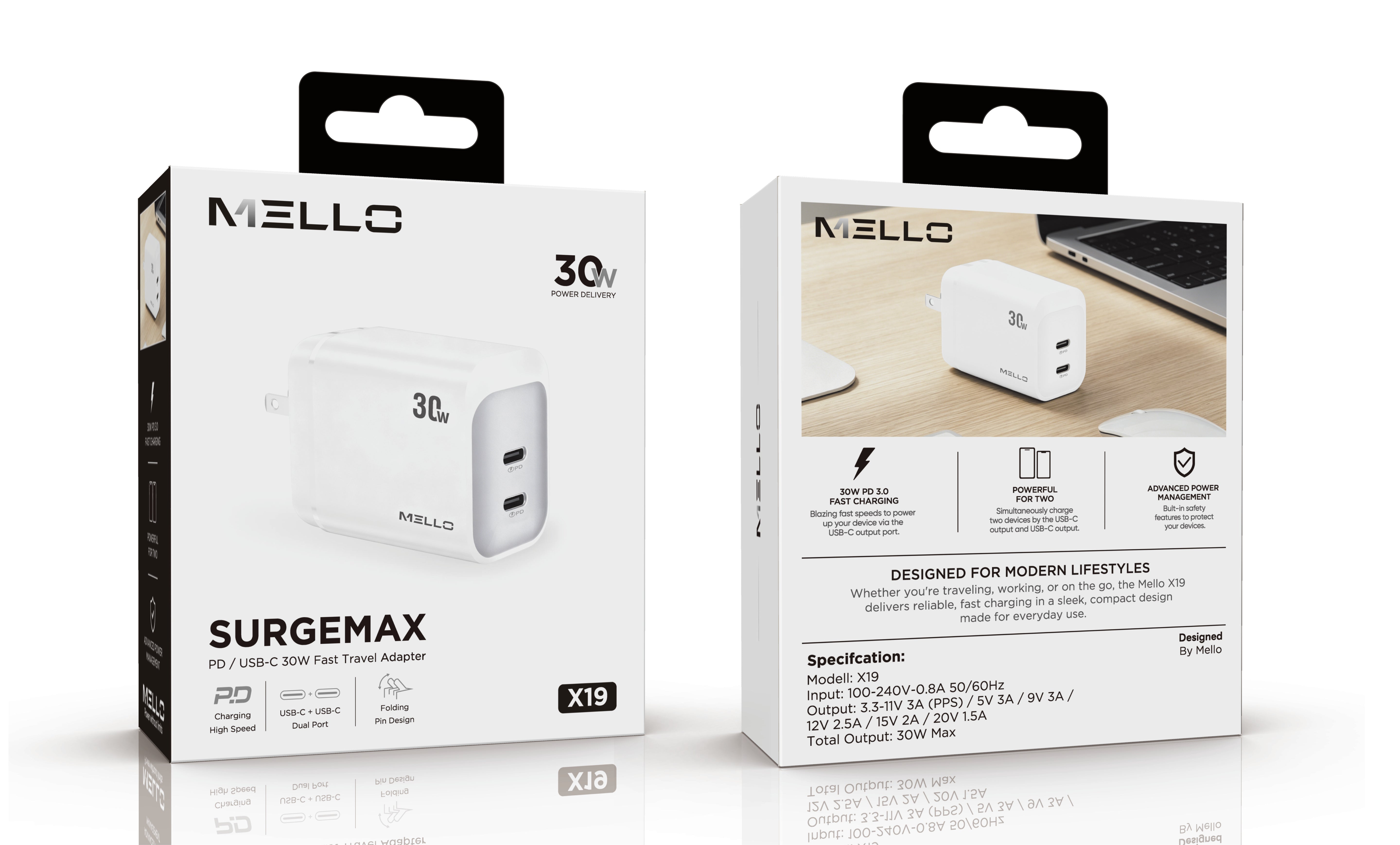 MELLO X19 SURGEMAX 30 WATTS DUAL USB-C ADAPTER