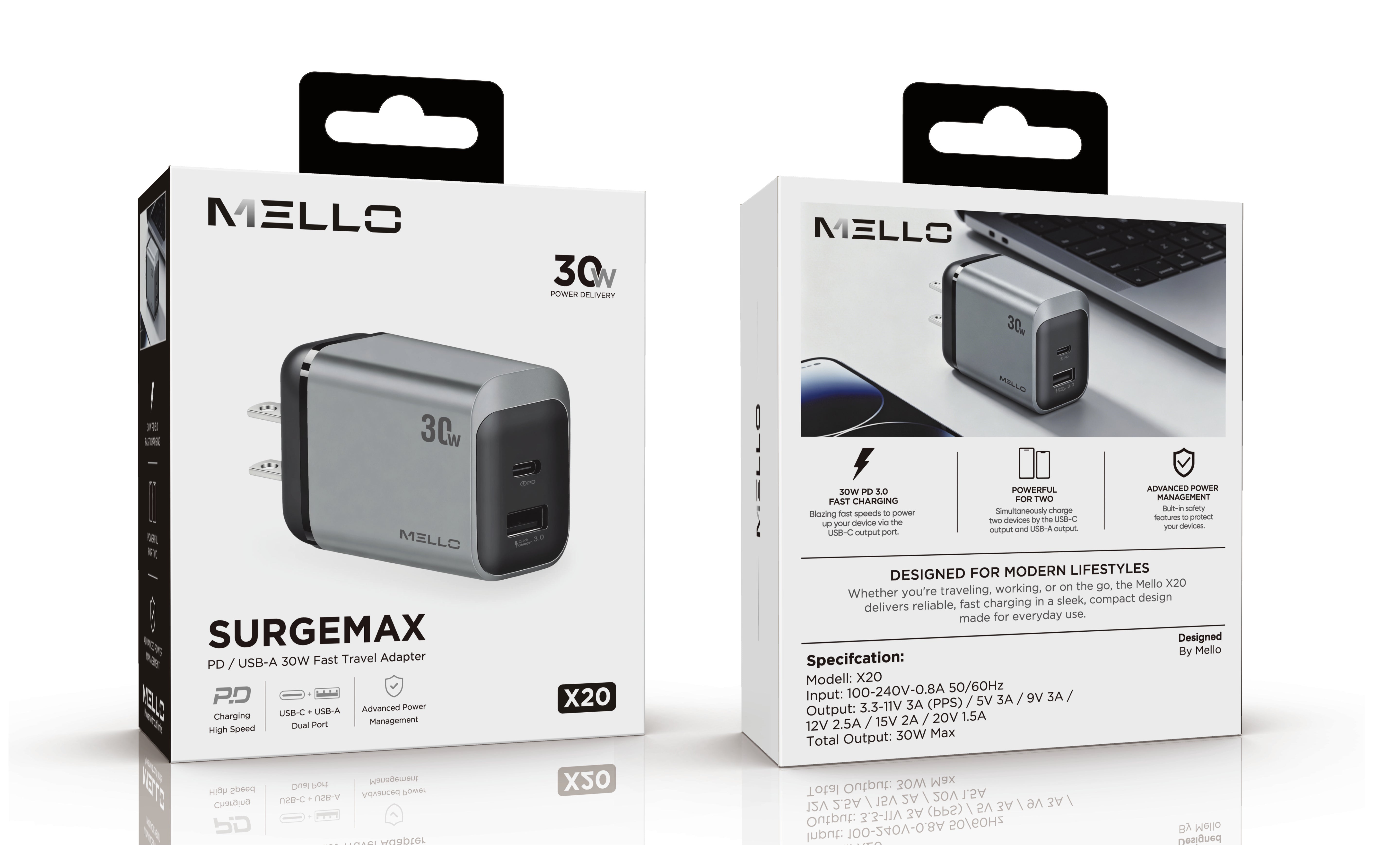 MELLO X20 SURGEMAX 30 WATTS DUAL USB-C AND USB-A ADAPTER