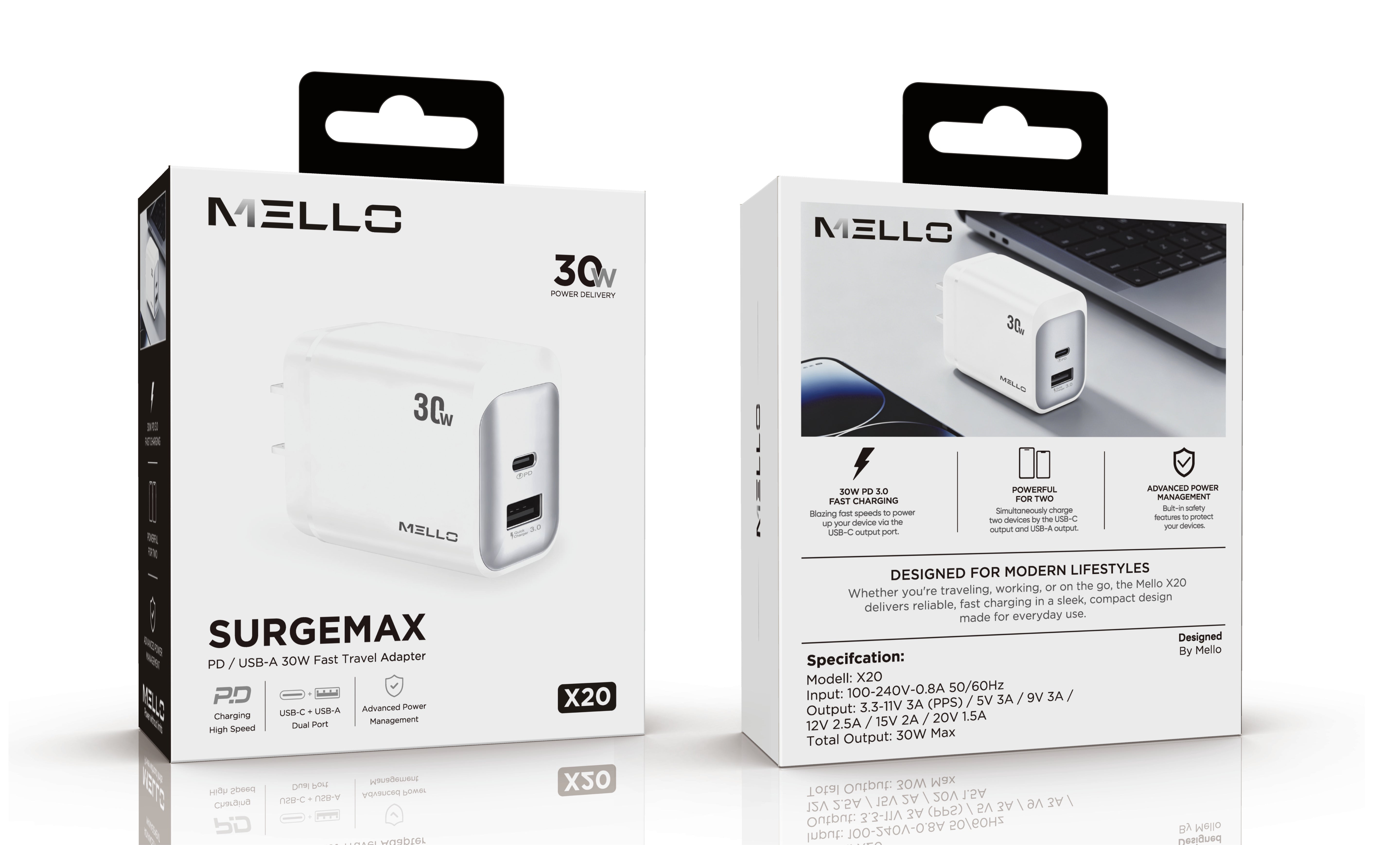 MELLO X20 SURGEMAX 30 WATTS DUAL USB-C AND USB-A ADAPTER