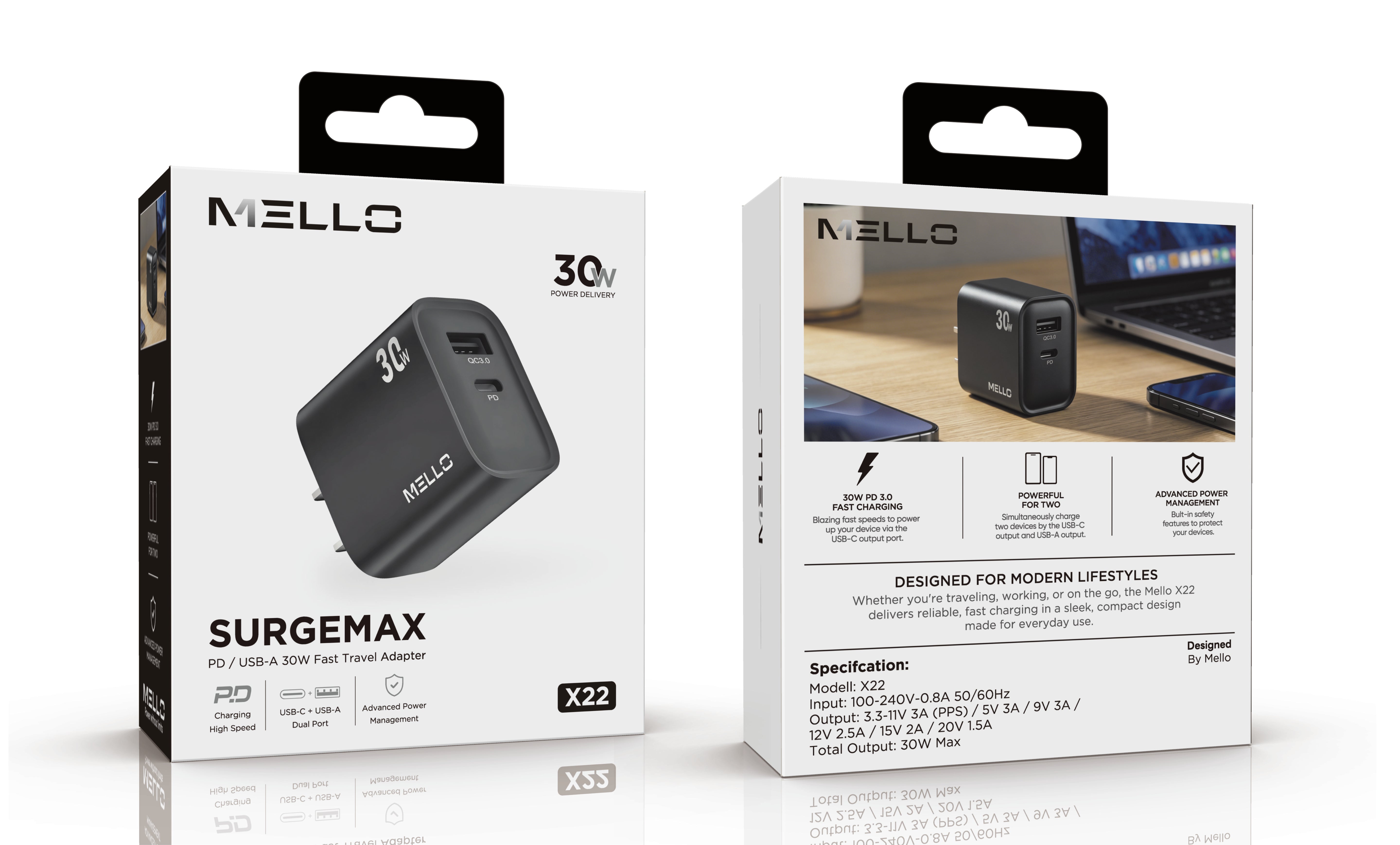 MELLO X22 SURGEMAX 30 WATTS DUAL USB-C AND USB-A ADAPTER