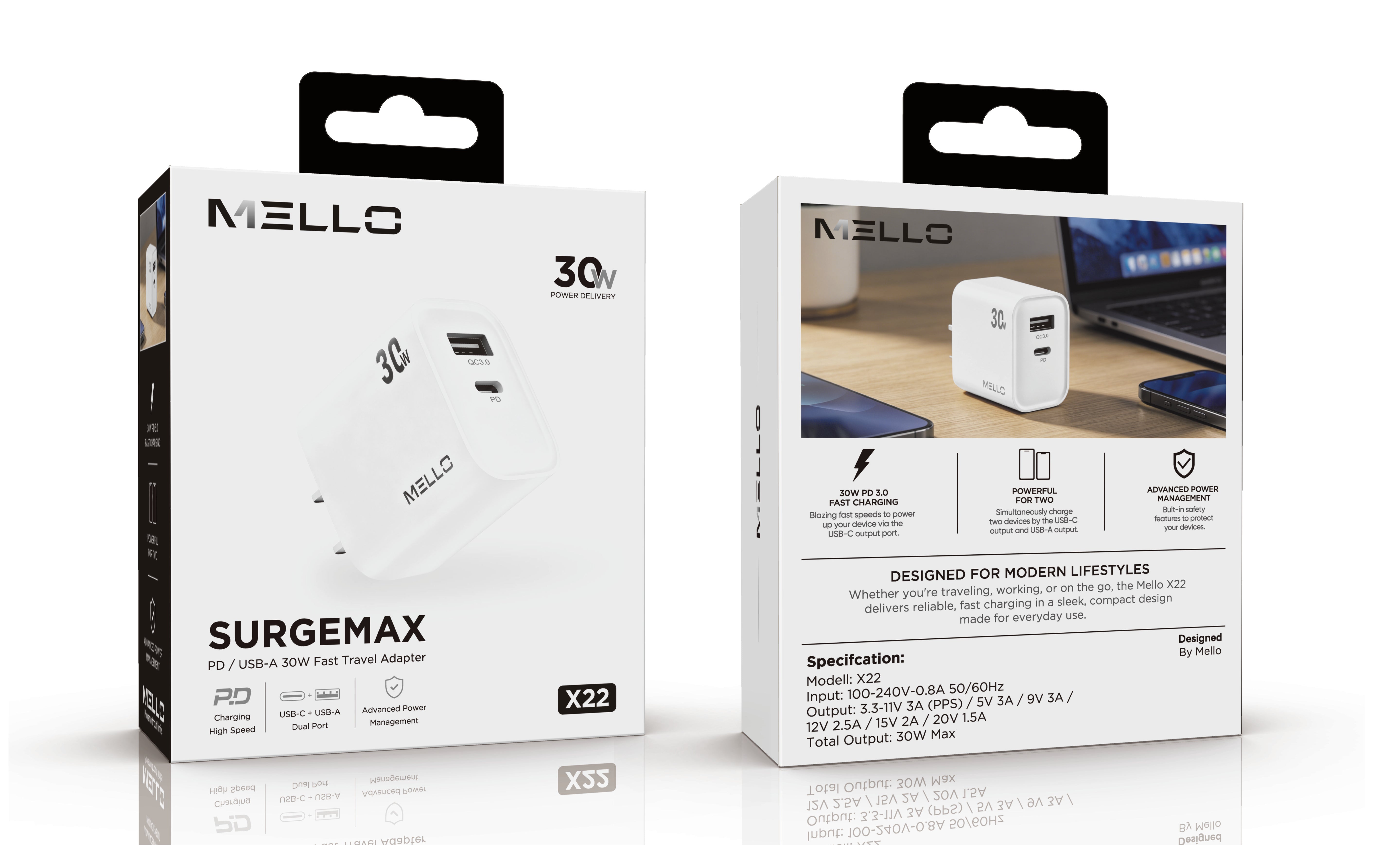 MELLO X22 SURGEMAX 30 WATTS DUAL USB-C AND USB-A ADAPTER