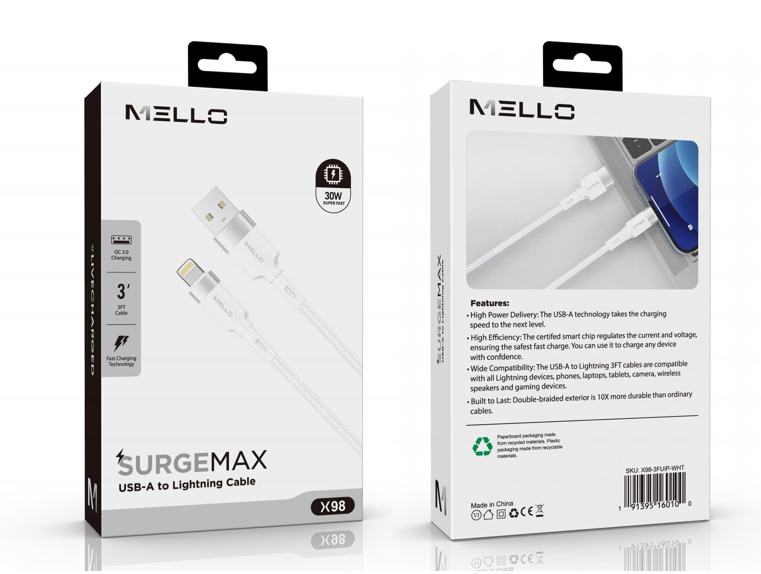 MELLO X98 USB-A TO LIGHTNING 3 FEET CABLE WHITE